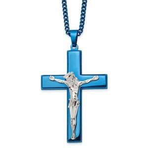 Chisel Stainless Steel Blue IP-plated Crucifix Pendant w 24" Curb Chain Necklace